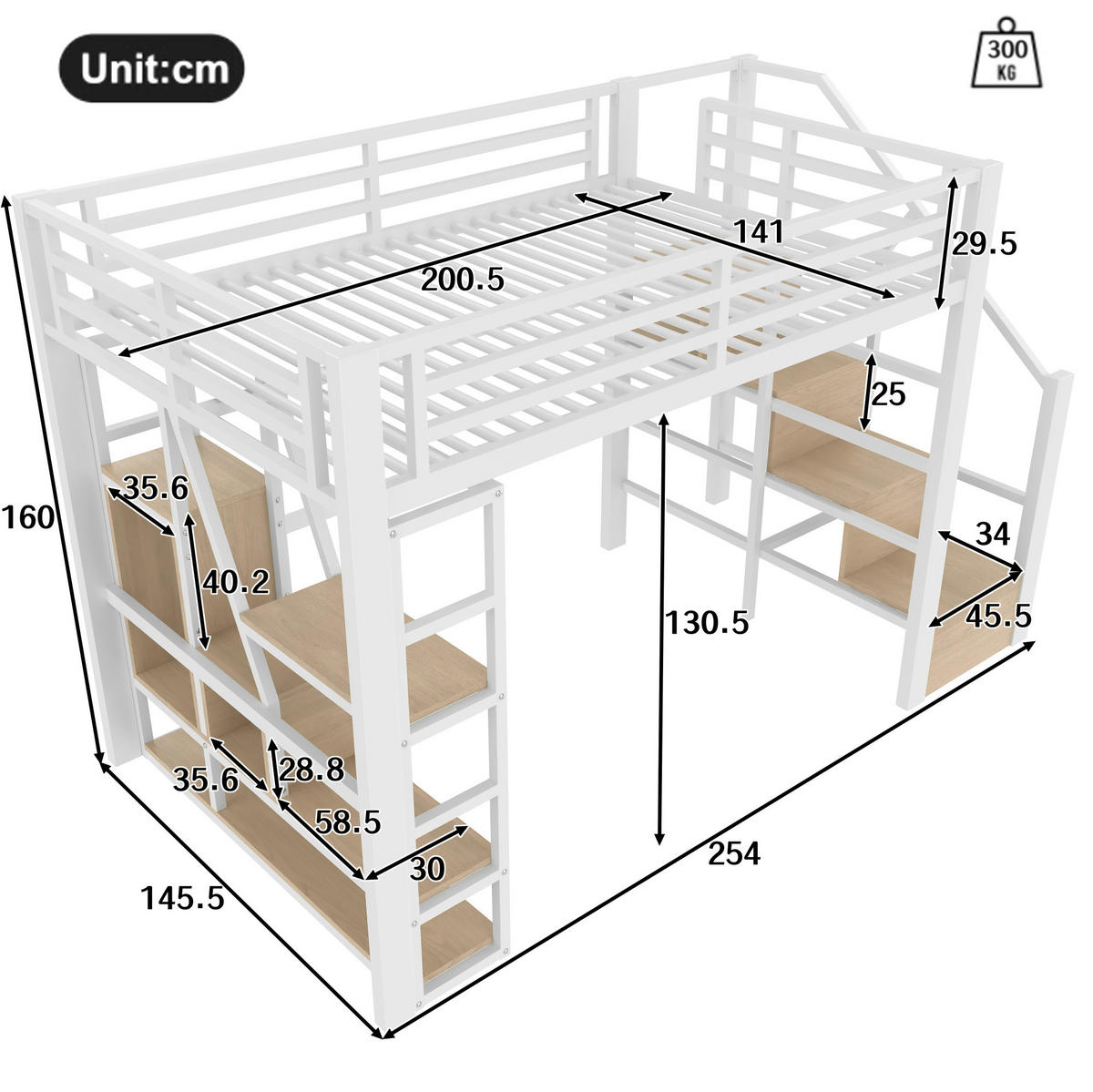 HOCHBETT 140/200 cm Weiß mit LED-Lichtleiste und Stauraum - Weiß, Metall (140/200cm) - MIVRAY