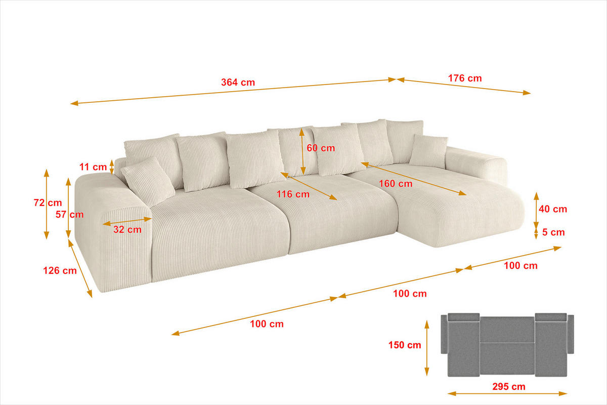 ECKSOFA Ottomane rechts ESKAR-L2 364x176x72 Taupe Cord - Taupe/Schwarz, Holzwerkstoff/Kunststoff (176/364cm) - ALTDECOR