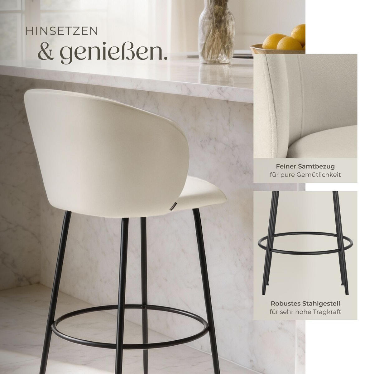 BARSTUHL Luana,51 x 60 x 106 cm, Belastbarkeit 120 kg,creme/schwarz - Creme/Schwarz, Kunststoff/Textil (51/106/60cm) - tectake