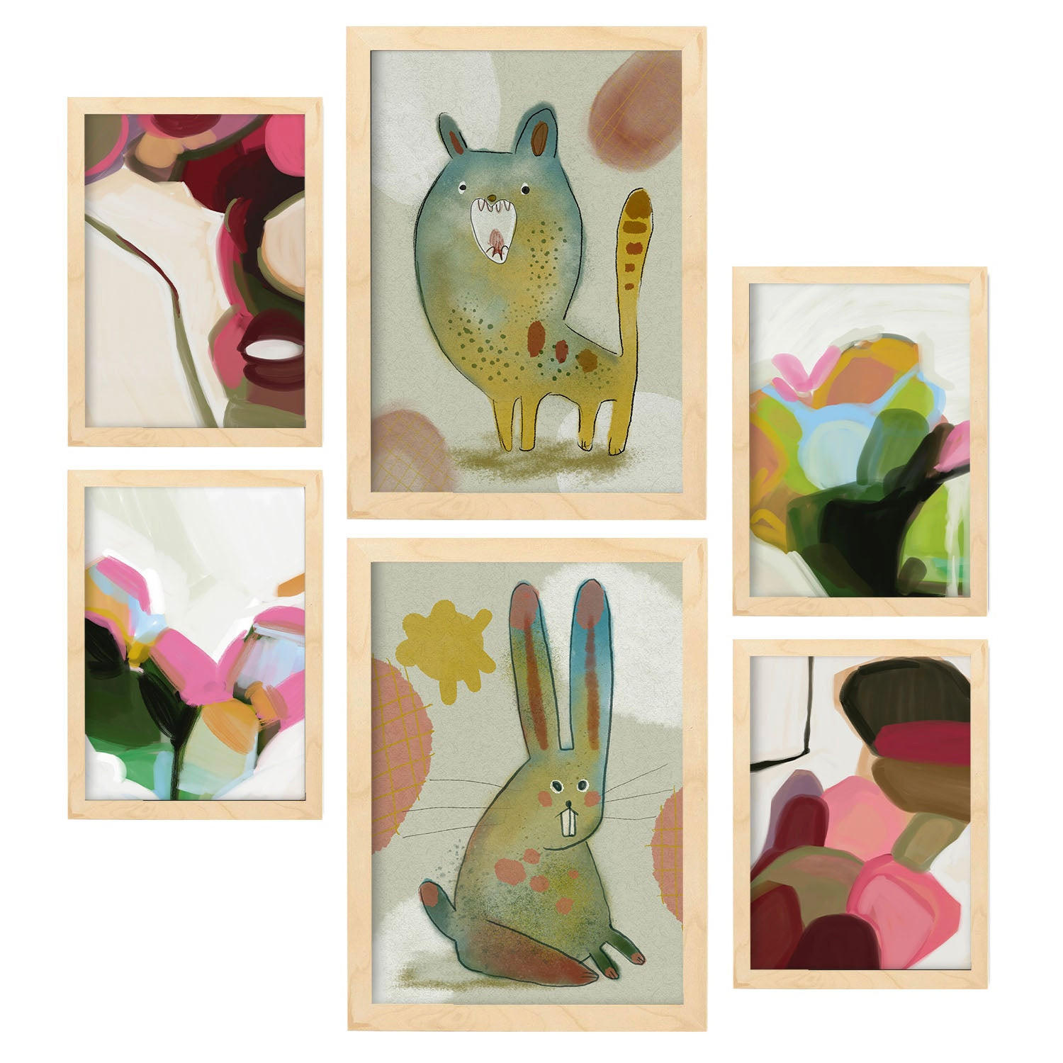 POSTER Set Mit 6 Hasen & Welpen 2 In Tiere Zusammenfassungen A3 & A4 Rahmen Aus Hellem Holz - Beige, Papier (29/3cm) - Nacnic