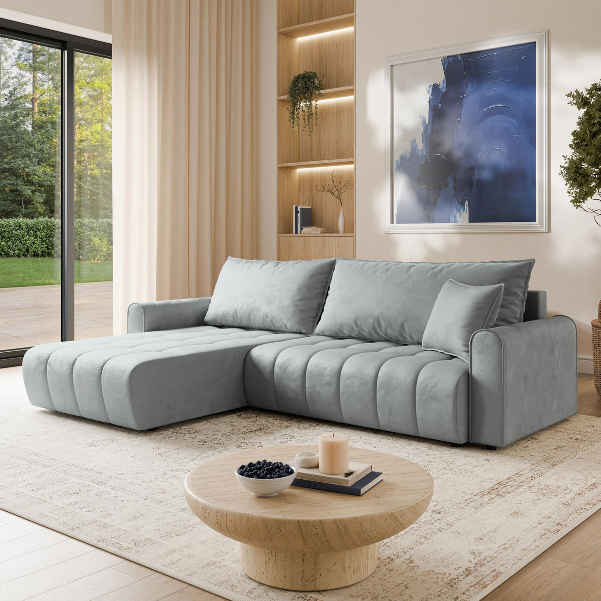 ECKSOFA FRIGA Hellgrau Velours-Stoff mit Schlaffunktion - Hellgrau, Holz (283/185cm) - MASSENO