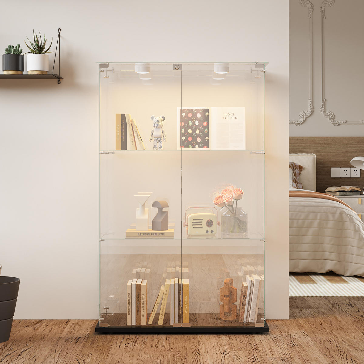 GLASVITRINE Schwarz Mit LED, 2 Türen, 3 Regalen & Schloss - Schwarz, Holz (35/123.3/78.5cm)