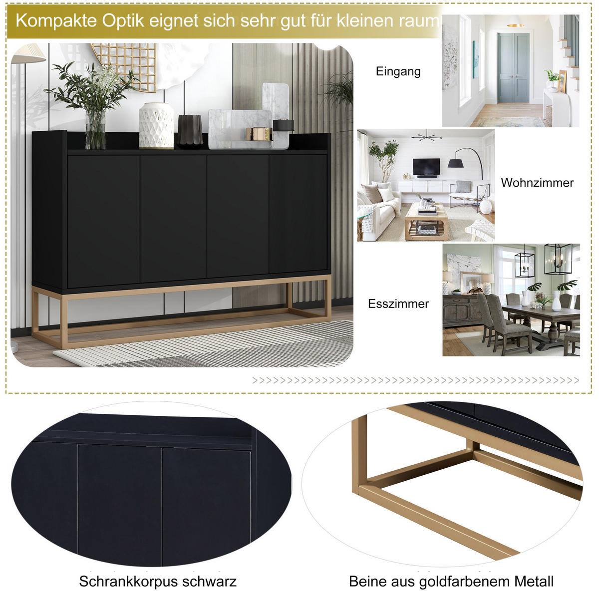 SIDEBOARDS 120cm, mit 4 Türen, verstellbaren Regalen, goldfarbenem Metallrahmen, Schwarz - Schwarz, Holzwerkstoff (120/30/80cm) - Waldena