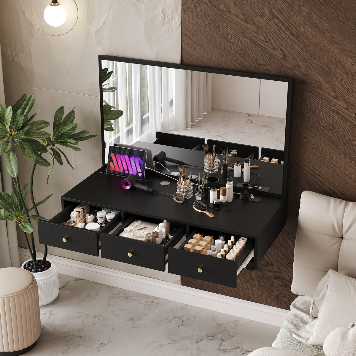 SCHMINKTISCH in Schwarz Frisiertisch mit Spiegel, Steckdosen, 3 Schubladen, Tablet-Halter, B100/T45/H105cm - Schwarz, Holzwerkstoff/Metall (100/105/45cm) - STILVORA