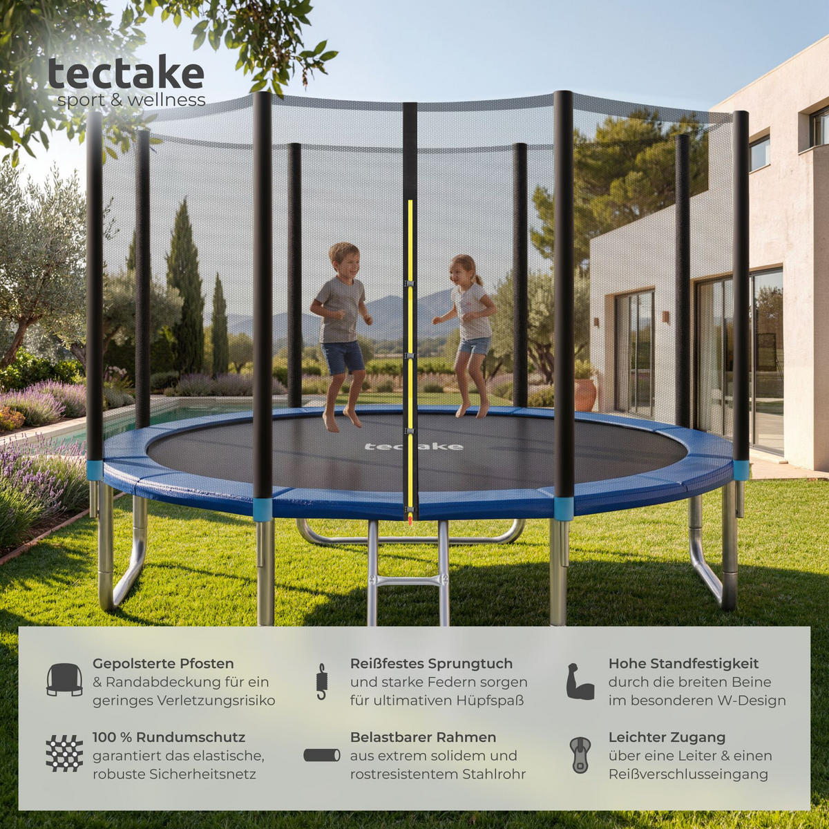 TRAMPOLIN Garfunky, inklusive Einstiegsleiter, schwarz/blau - Blau/Schwarz, Metall (366/260/366cm) - tectake