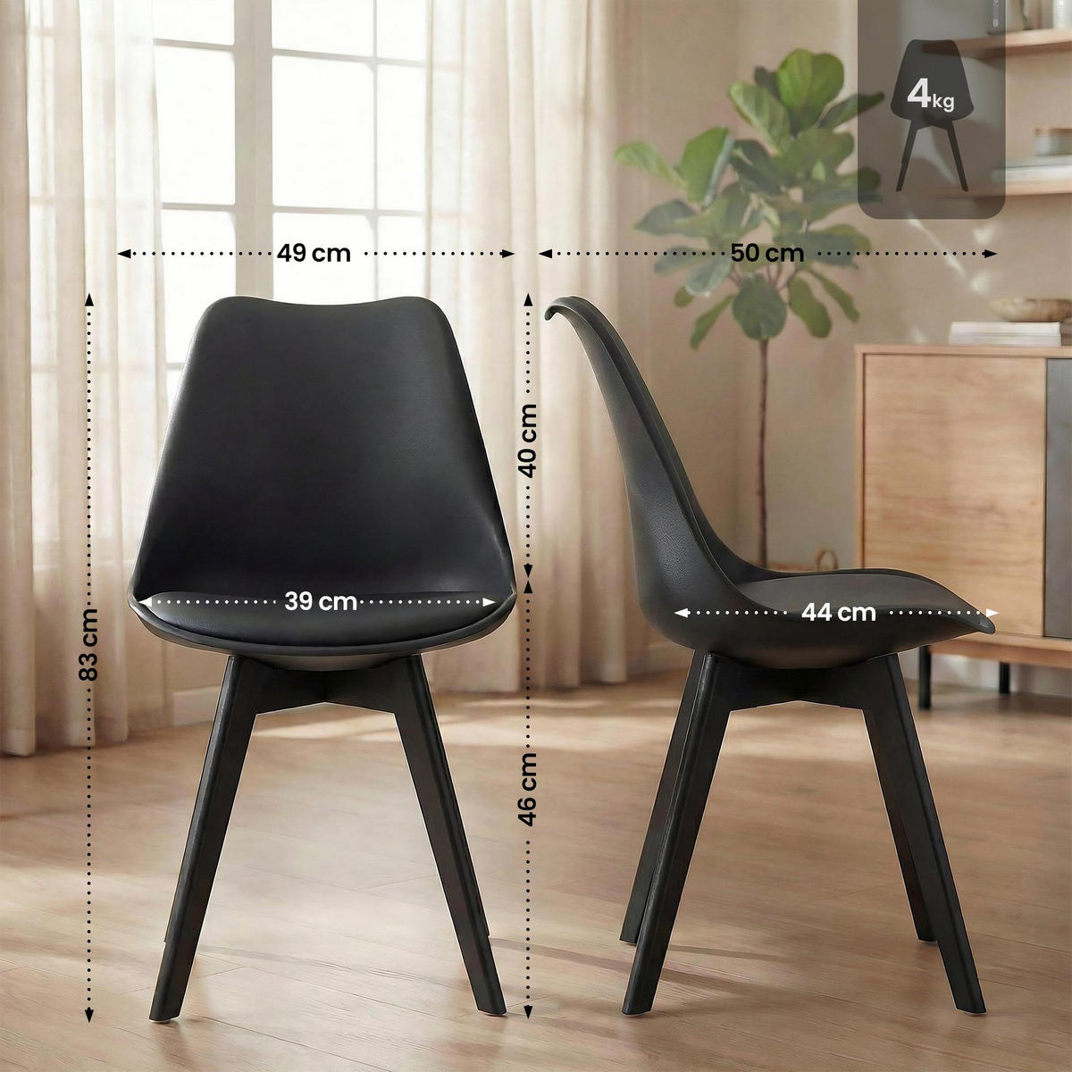 STUHL 4er Set Kunststoff schwarz/schwarz - Eukalyptusholzfarben/Schwarz, Holz/Kunststoff (49/83/50cm) - CLP