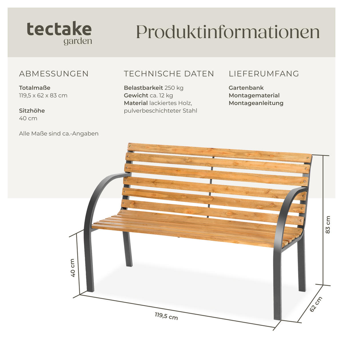 GARTENBANK Michaela,119,5 x 62 x 83 cm,braun - Braun, Holz (62/83/119.5cm) - tectake
