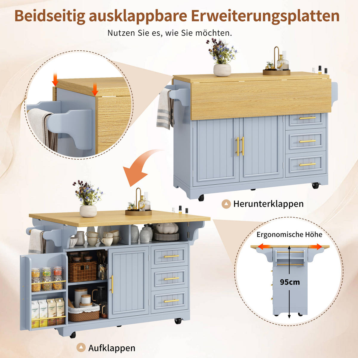 KÜCHENINSEL DE-38361 120/197 cm ausklappbar mit 3 Schubladen Hellblau - Hellblau, Holzwerkstoff (120/95/40cm) - ComfortXL