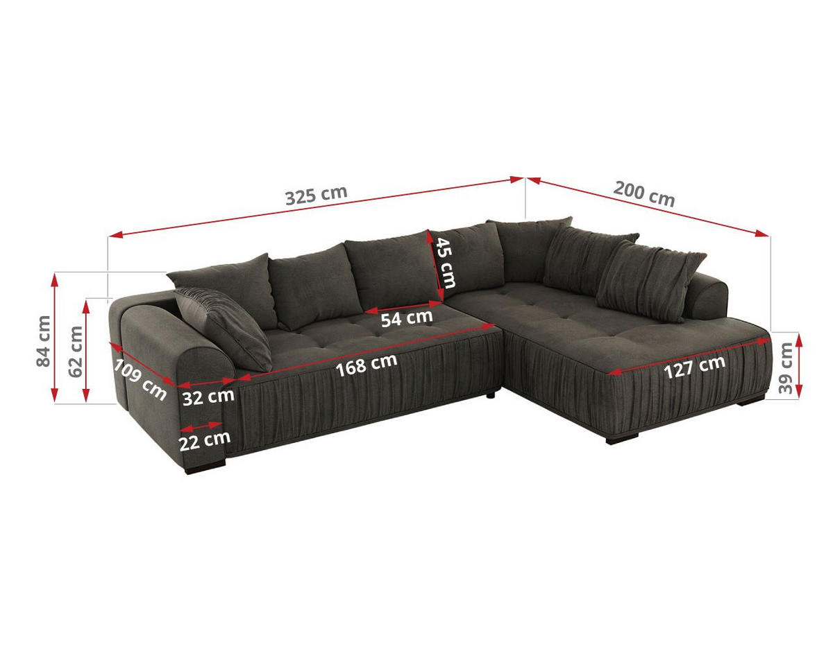 ECKSOFA ORTA Dunkelgrau Velvet - Rechts - Dunkelgrau/Schwarz, Textil (200/325cm) - MKS