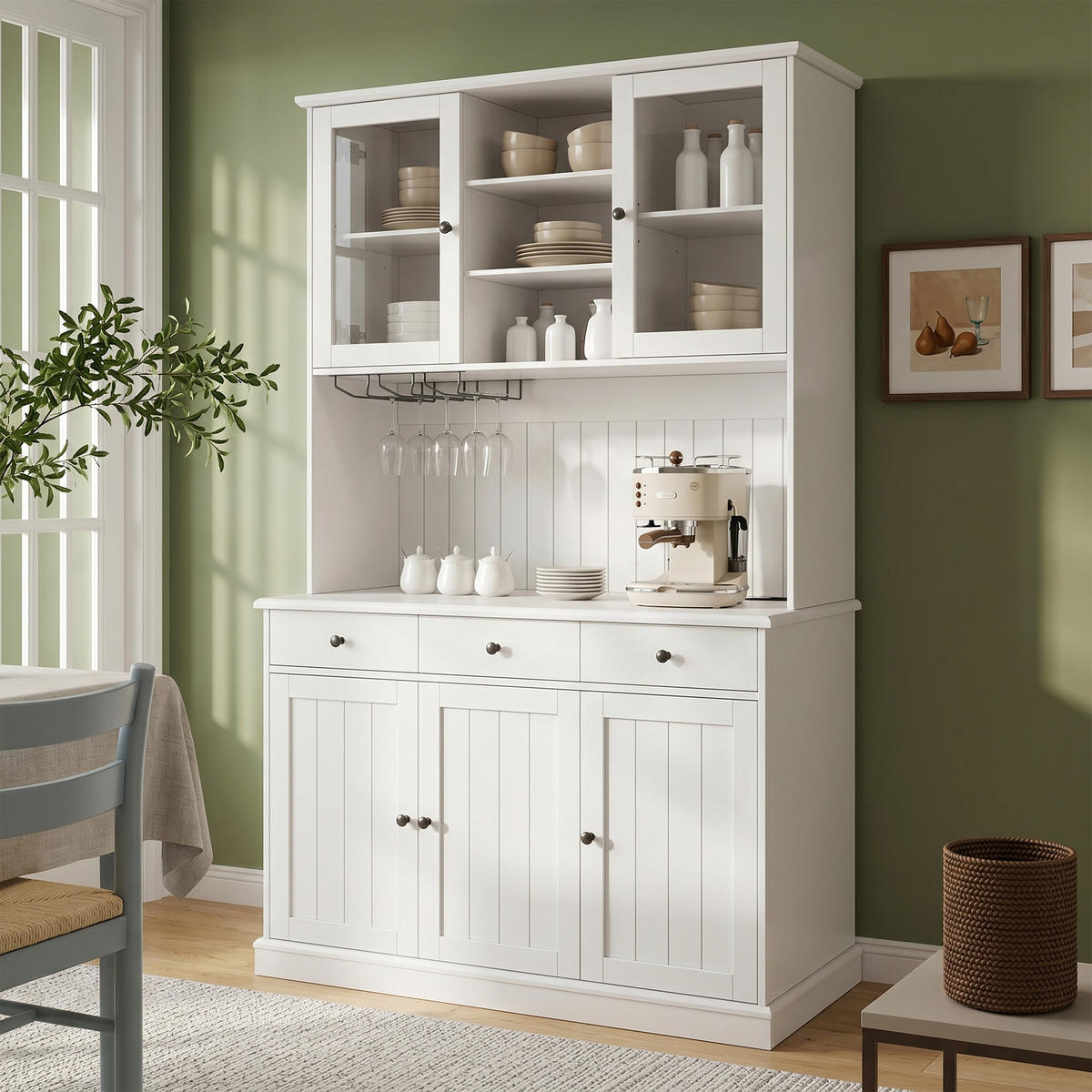 BUFFETSCHRANK DE-38594 120/40/191 cm Glastüren und integrierte Steckdose Weiß - Weiß, Holzwerkstoff (120/191/40cm) - ComfortXL