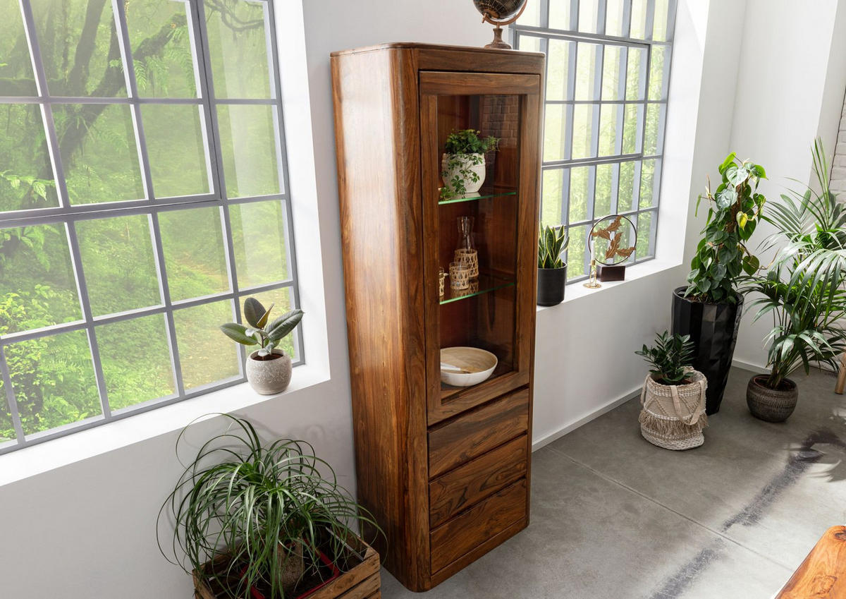 VITRINE Sheesham 70x40x202 walnuss gewachst TORONTO #210 - Walnussfarben, Holzwerkstoff (70/202/40cm) - Massivmoebel24