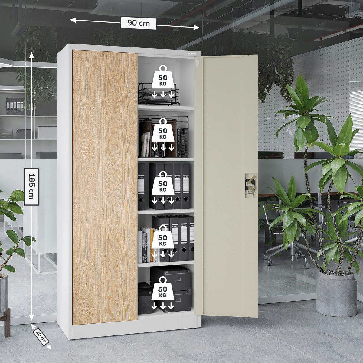 AKTENSCHRANK JAN 185x90x45 cm - Weiß/Braun, Metall (90/185/40cm) - Jan Nowak