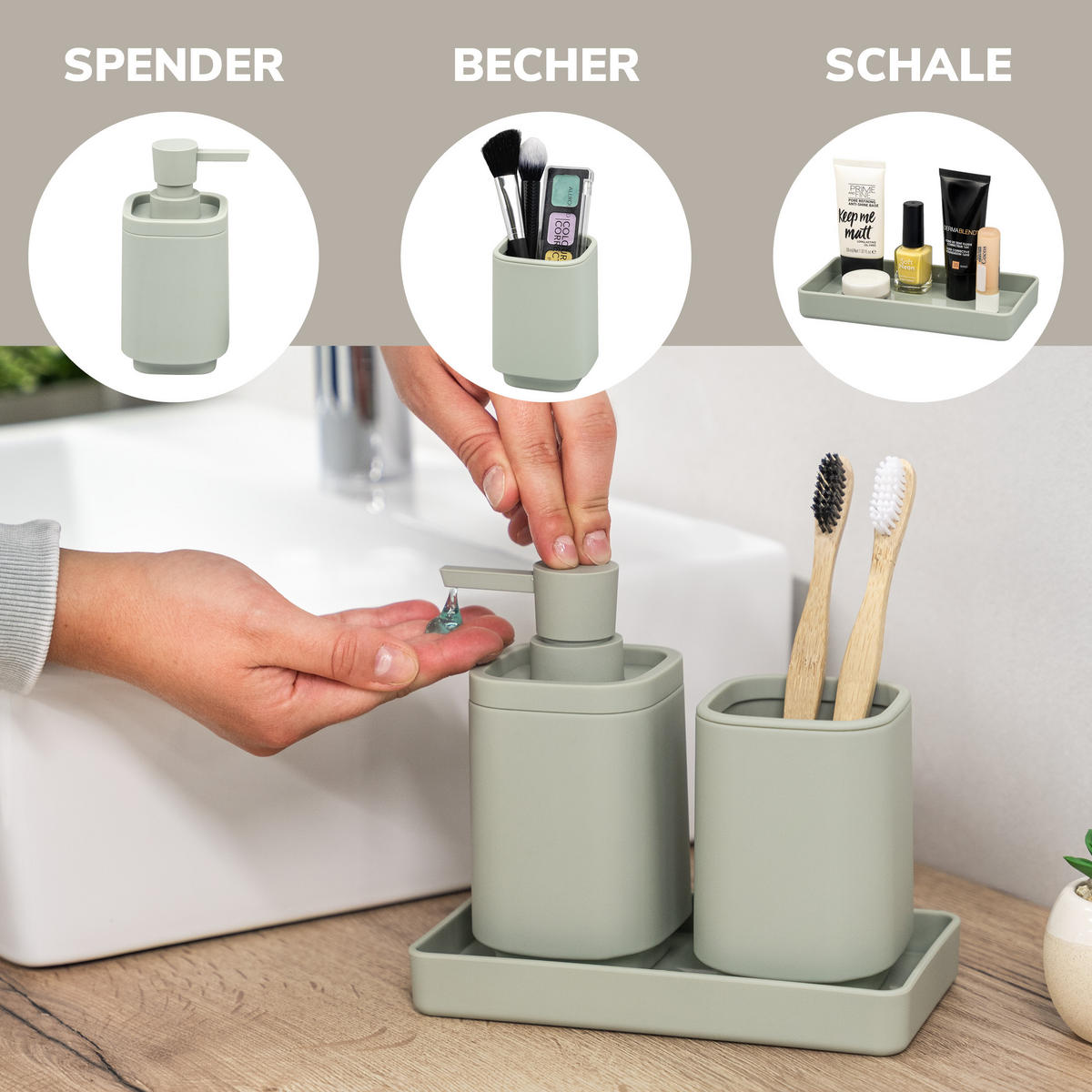 BAD-ACCESSOIRES-SET VALONA, Soft-Touch, Salbei - Salbeigrün, Kunststoff (18/2.5/9.5cm) - eluno