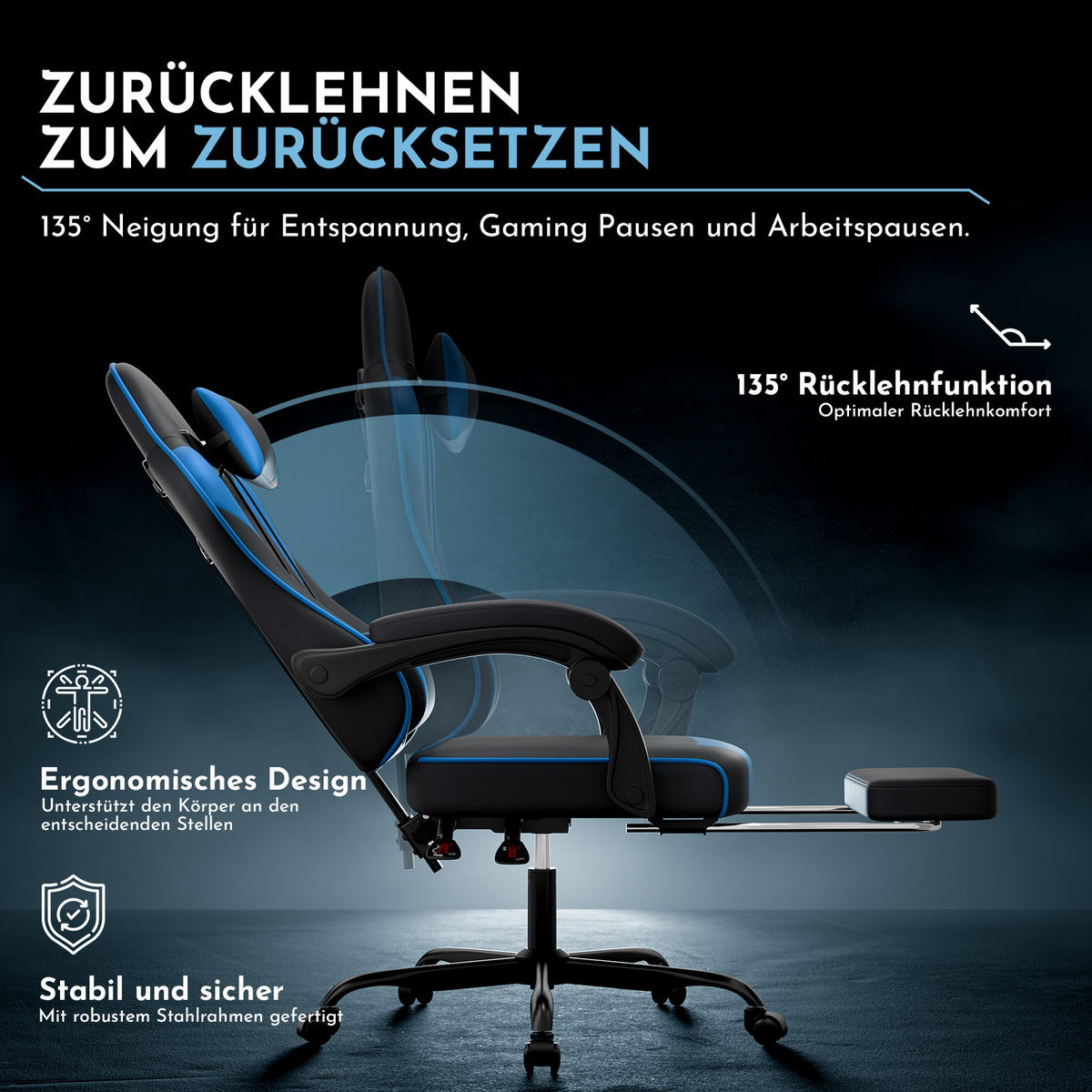 GAMINGSTUHL DE-40998 mit Lordosenstütze und Fußstütze Schwarz/Blau - Blau, Metall (58.5/120.5/63cm) - ComfortXL