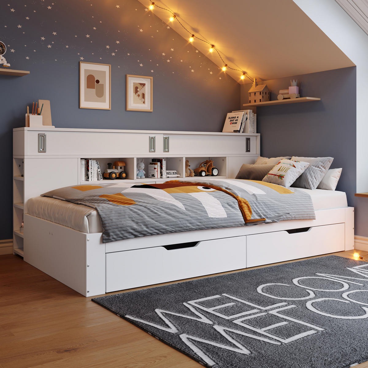 KINDERBETT aus MDF 140x190 cm Weiß mit 2 Schubladen, Schiebetürenschrank und verstellbaren Regalen - Weiß, Holzwerkstoff (140/190cm) - Modfu