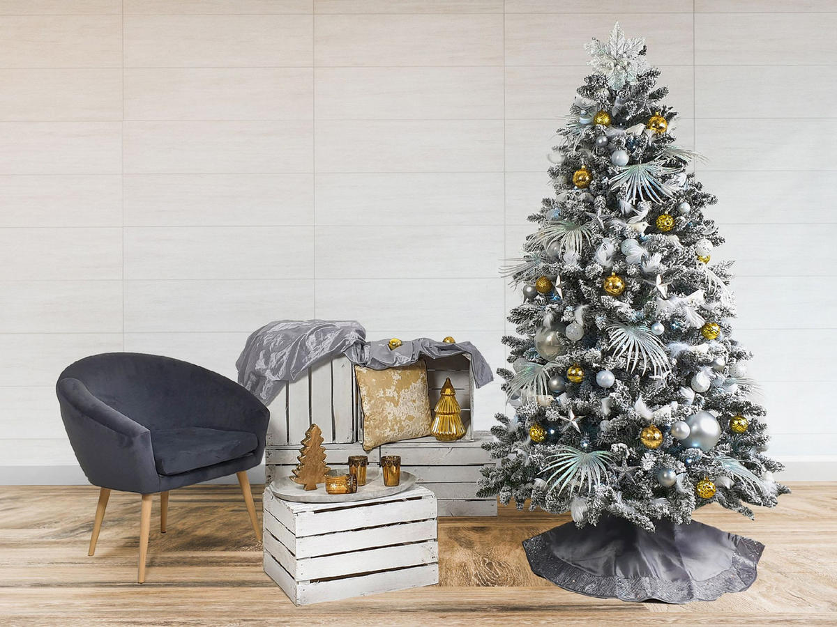 WEIHNACHTSBAUM geschmückt künstlich mit 133 Stk Kugeln POLAR GOLD 210 cm mit Metallständer - Silberfarben/Goldfarben, Kunststoff (210cm) - LAALU
