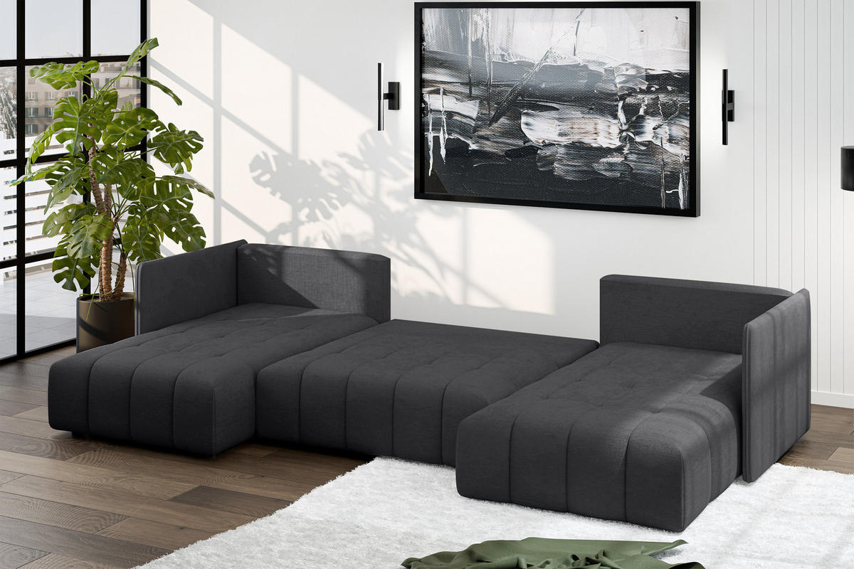 WOHNLANDSCHAFT Veliro U Dunkelgrau 353/180/83 cm mit Schlaffunktion und Bettkasten - Schwarz/Grau, Kunststoff/Textil (353/83/180cm) - AX Living