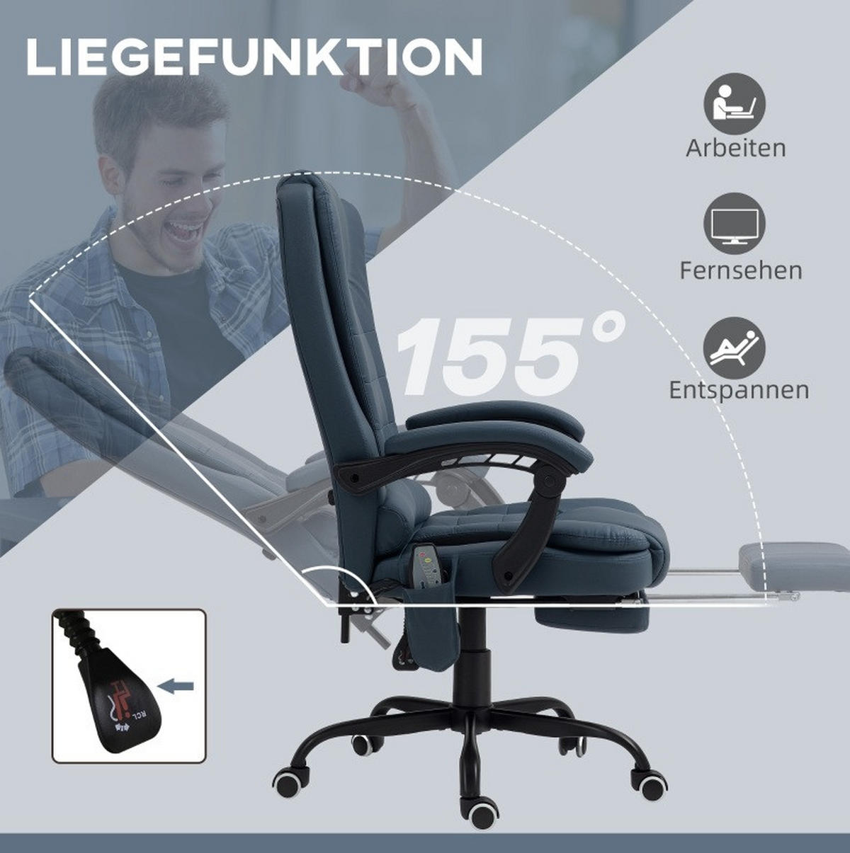 BÜROSESSEL mit Massagefunktion 67 x 67 x 111-121 cm Blau - Blau, Kunststoff (67/121/67cm) - Meubliv