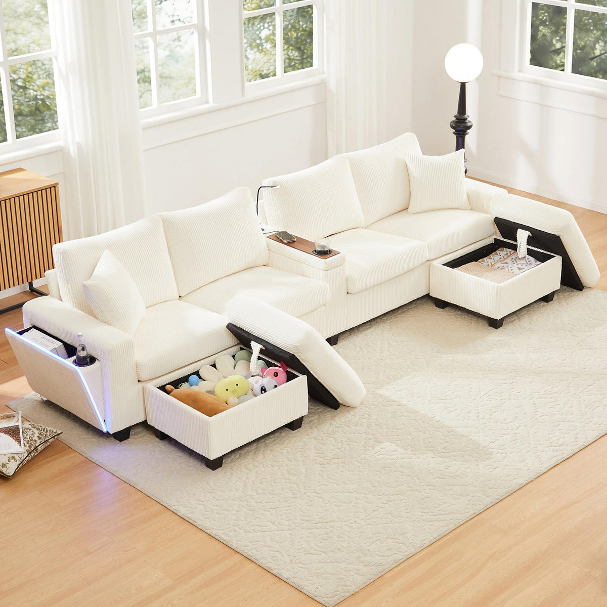 ECKSOFA aus Cord in Beige mit LED Beleuchtung & smarten USB-Anschlüssen - Beige, Textil (128/334cm) - Urban Meuble
