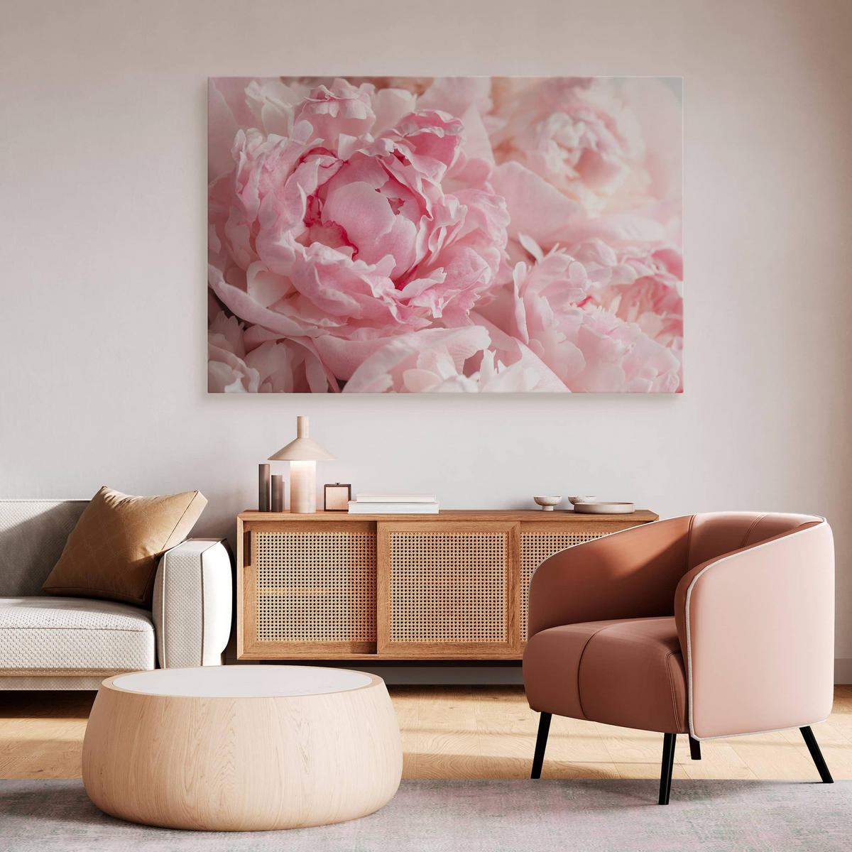 LEINWANDBILD Pfingstrosen Blumen 3D Pflanzen Natur 90x60 - Weiß/Rosa, Textil (90/60cm) - Muralo