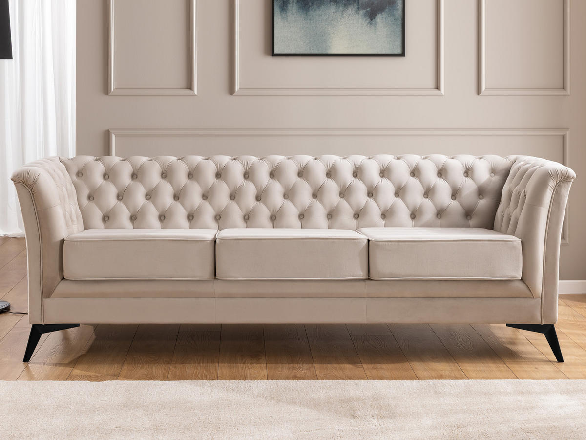 SITZGARNITUR 3+1 Chesterfield Whitby Beige Samt mit schwarzen Füßen - Beige/Schwarz, Holz/Textil (237/78/82cm) - S-Style Möbel