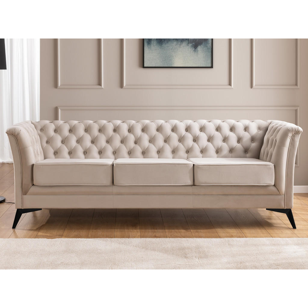 Thumbnail - S-Style Möbel Chesterfield-Sofa, Beige, Textil, Echtholz,Birke, Buche, 3-Sitzer, Füllung: Polyetherschaumkern, 237x78x82...