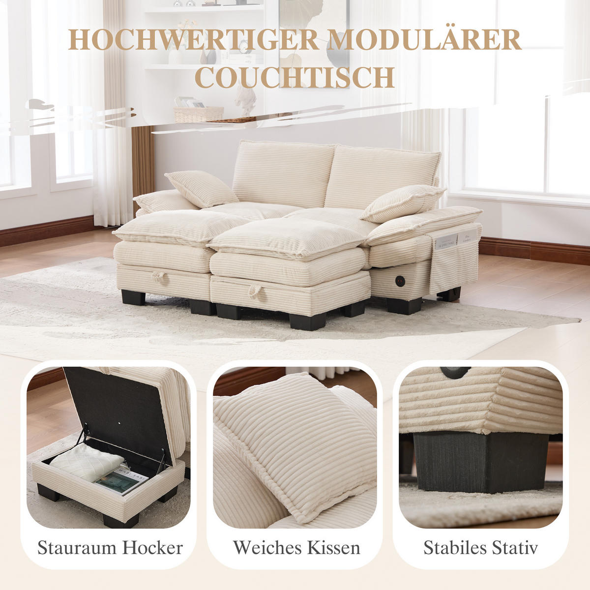 2-SITZER SOFA Cord Beige mit USB-C und Seitentaschen - Beige, Holzwerkstoff/Kunststoff (190/84/132cm) - WISHDOR