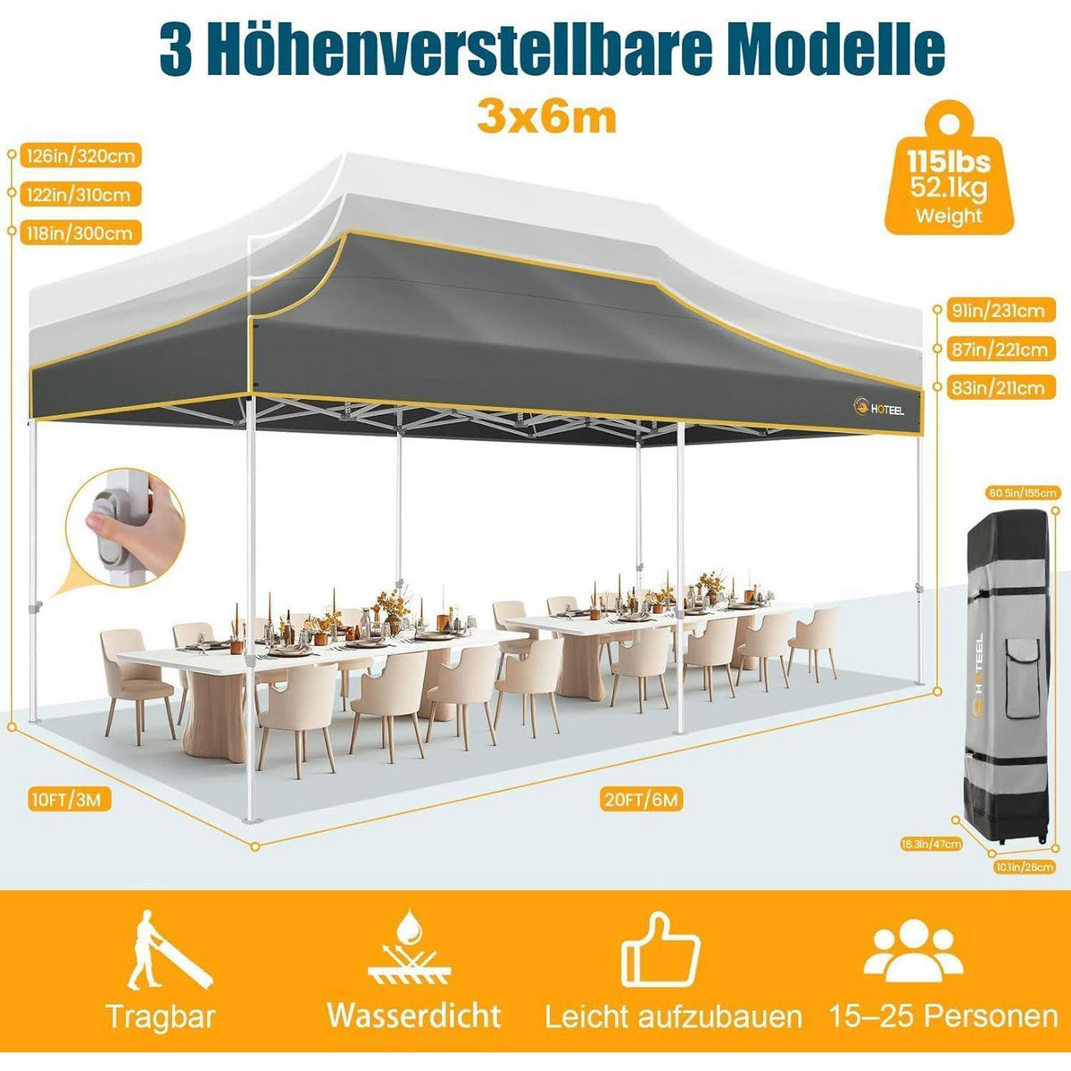FALTPAVILLON 3x6m Grau Wasserdicht Stabil 6 Seitenteile - Grau, Textil (300/320/600cm)