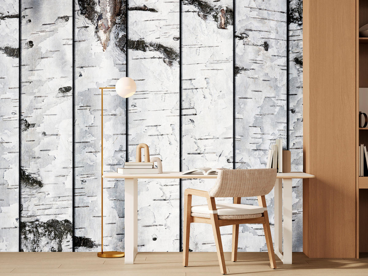 FOTOTAPETE für Schlafzimmer Birkenrinden Imitation Weiß Baum 300x210 - Schwarz/Weiß, Papier (300/210cm) - Muralo