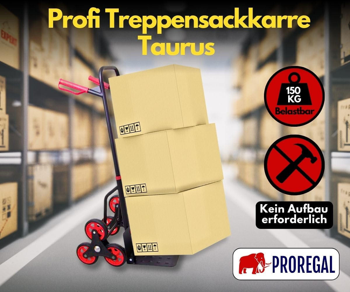 TREPPENSTEIGER Sackkarre Taurus 150 110x45x61cm Traglast 150kg Griff, Klappbar, Stahl Rot-Schwarz - Schwarz, Metall (61/45/110cm) - PROREGAL
