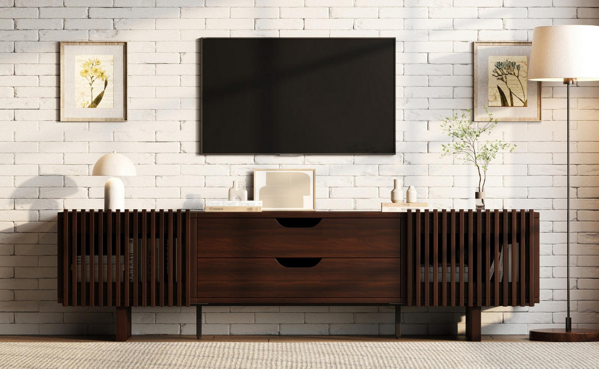 TV ormarić od MDF-a 180x40x45 cm tamni orah s 2 ladice i lamelnim vratima, za TV do 75 inča - smeđa, drvni materijal (180/45/40cm) - Modfu
