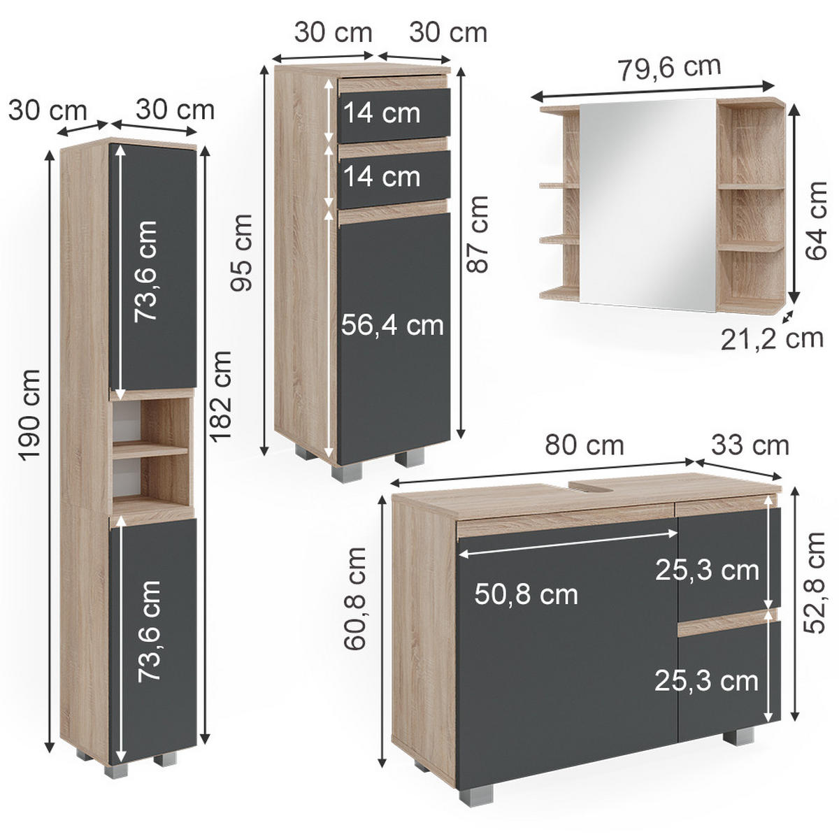 BADMÖBEL-SET J-Shape Sonoma 4 Teile - Anthrazit/Sonoma Eiche, Holzwerkstoff (80/60/33cm) - Vicco