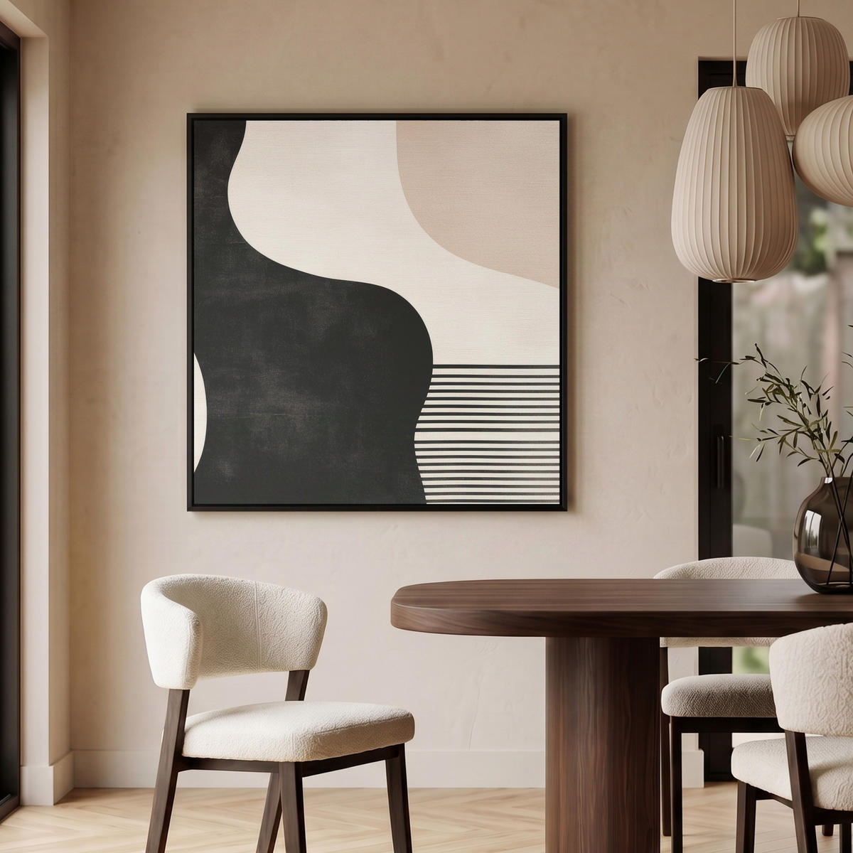 LEINWAND Bilder mit Rahmen - Abstrakt - Japandi - Beige - Modern - 90x90 - Schwarz, Textil (90/90cm) - MuchoWow