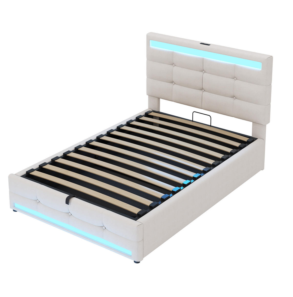 POLSTERBETT aus Leinen 90x200 cm in Beige mit LED & USB - Beige, Textil (90/200cm) - Modfu