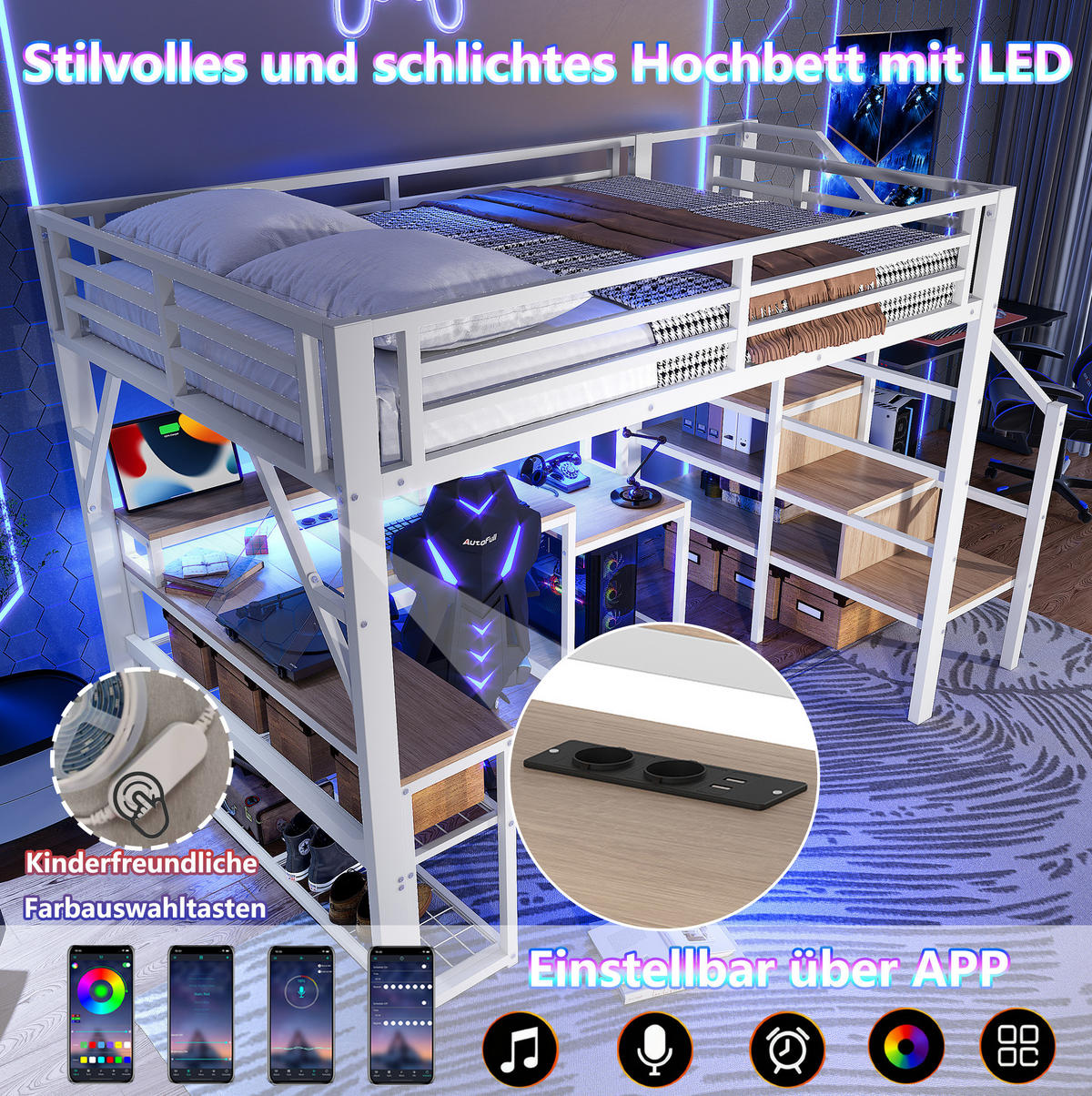 HOCHBETT 140/200 cm, Weiß mit Schreibtisch, LED-Streifen und USB-Anschluss - Weiß, Metall (140/200cm) - MIVRAY