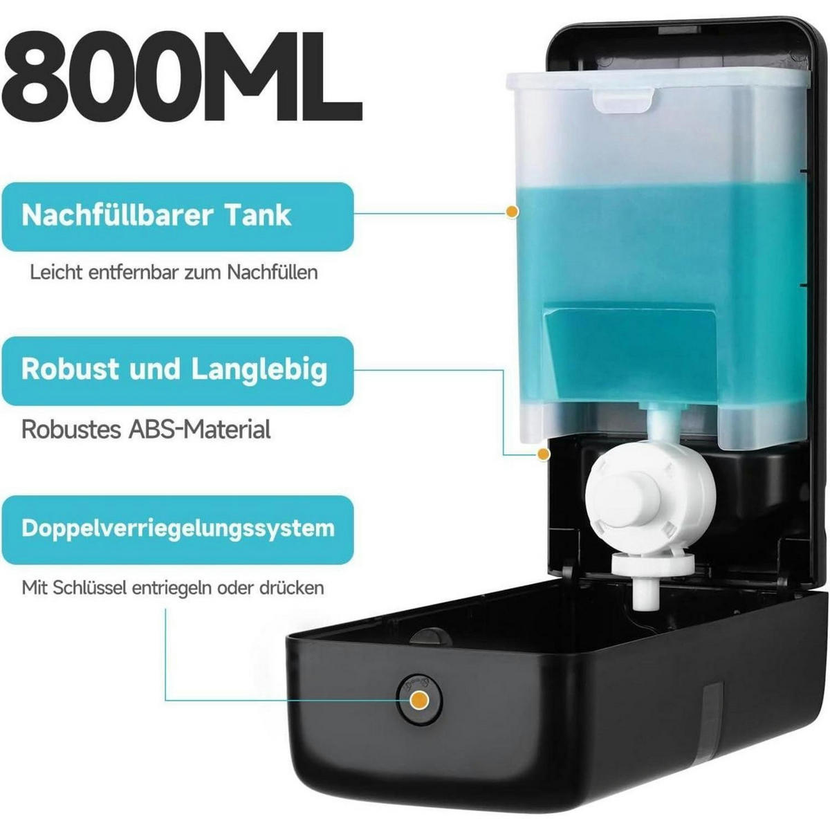 SEIFENSPENDER Wandmontage Ohne Bohren 800ML Schwarz - Schwarz, Kunststoff (8/23/12cm)