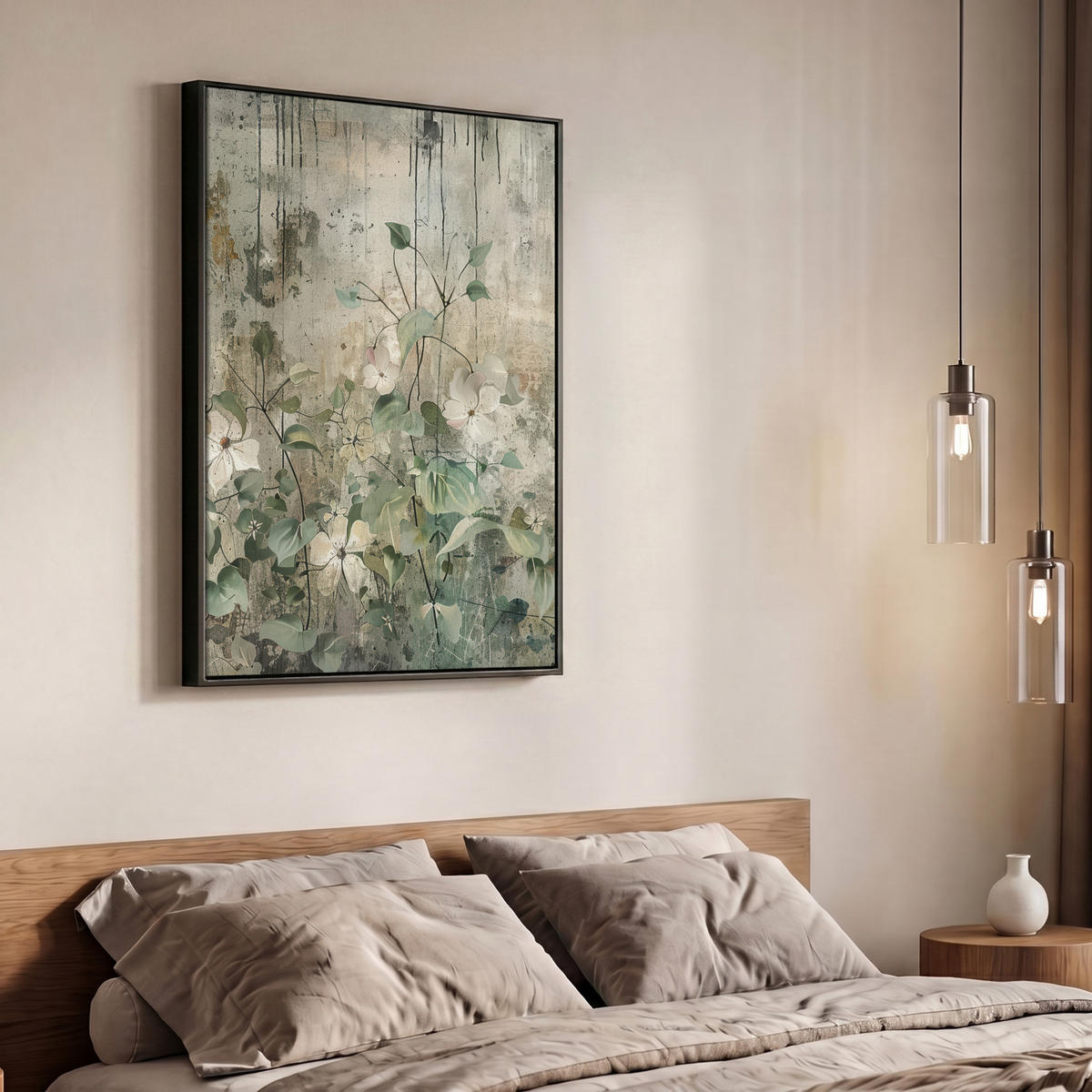 LEINWAND Bilder mit Rahmen - Blumen - Blätter - Abstrakt - Modern - 70x100 - Grau, Textil (70/100cm) - MuchoWow