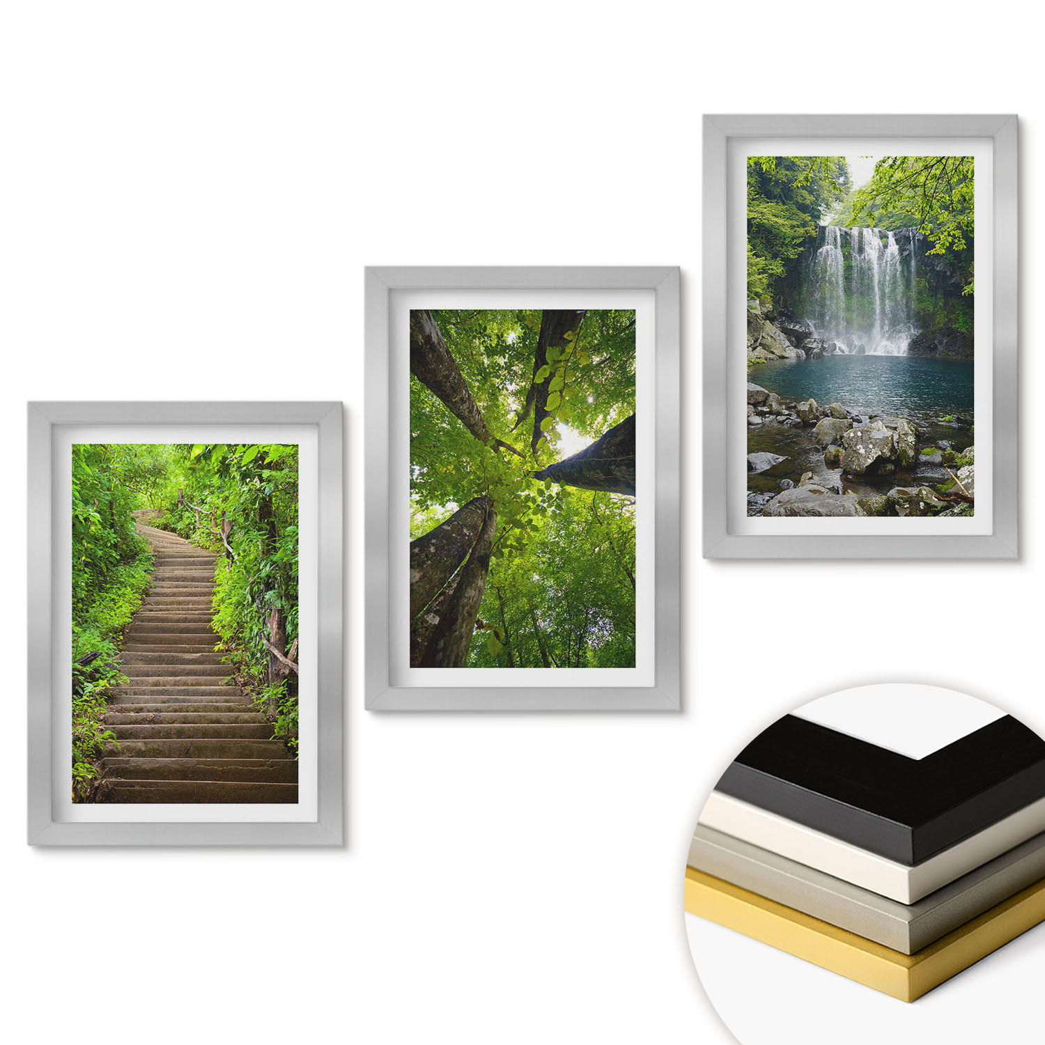 WANDBILDER 3er Set - 20x30 cm Silberner Rahmen - Pfad Wald Wasserfall Vegetation - Silberfarben, Kunststoff (20/30cm) - ArtPrintCave