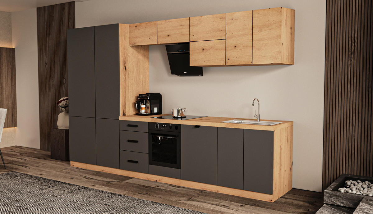 KÜCHENZEILE 360 cm - Langen KL19-M360 - in Grau / Artisan Eiche - Schwarz/Eiche Artisan, Holz/Metall (360/212/58cm)