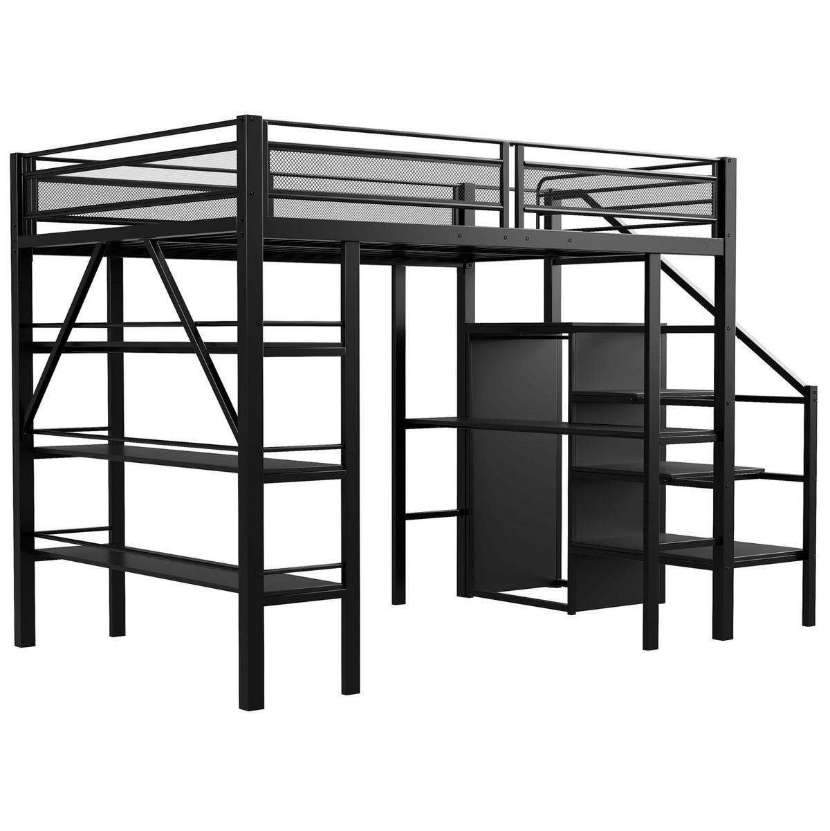 HOCHBETT 140/200 cm mit Schreibtisch, Regal, Kleiderschrank und Sicherheitstreppe, Metall, Schwarz - Schwarz, Metall (140/200cm) - Redom