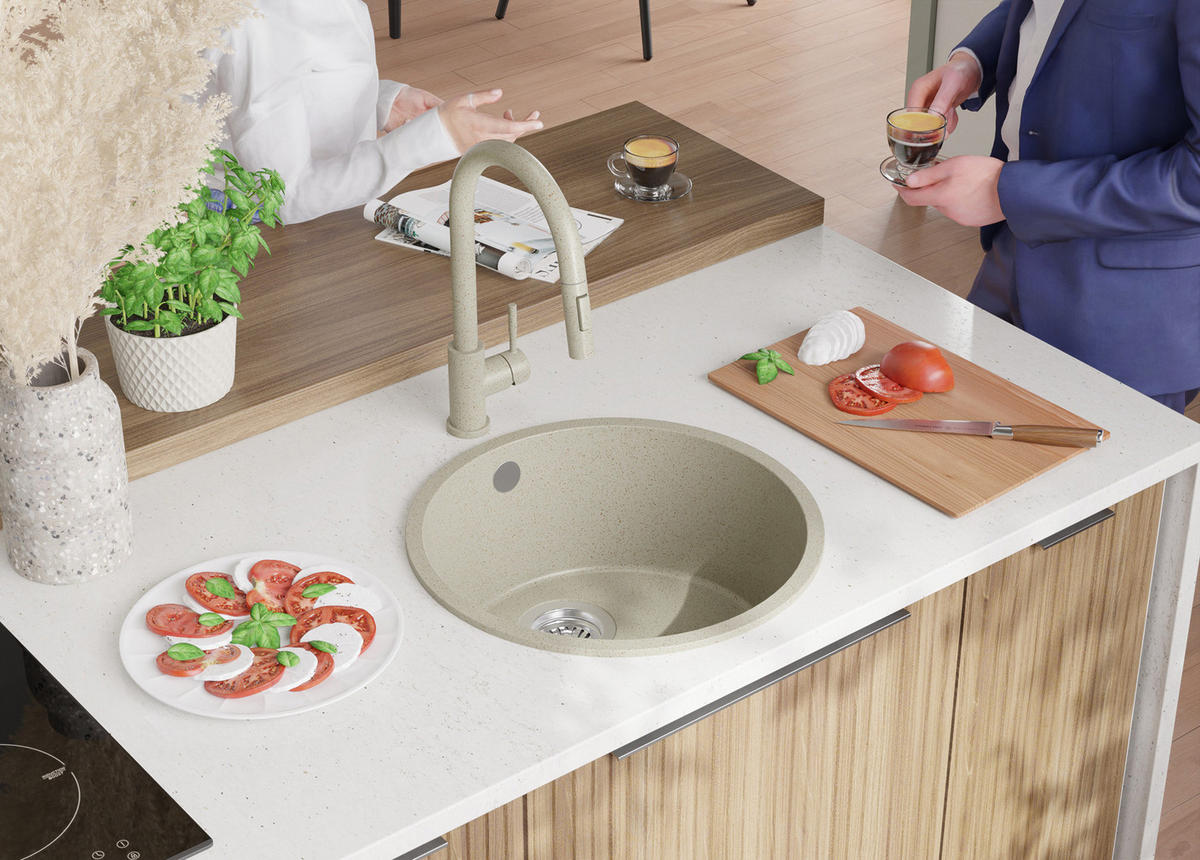 SPÜLBECKEN RUND Valletta Slim, 2-er set Beige 46/46 cm 1 Becken + Ablauf-Set ab 50er Unterschrank - Chromfarben/Beige, Kunststoff (46/20/46cm) - Primagran