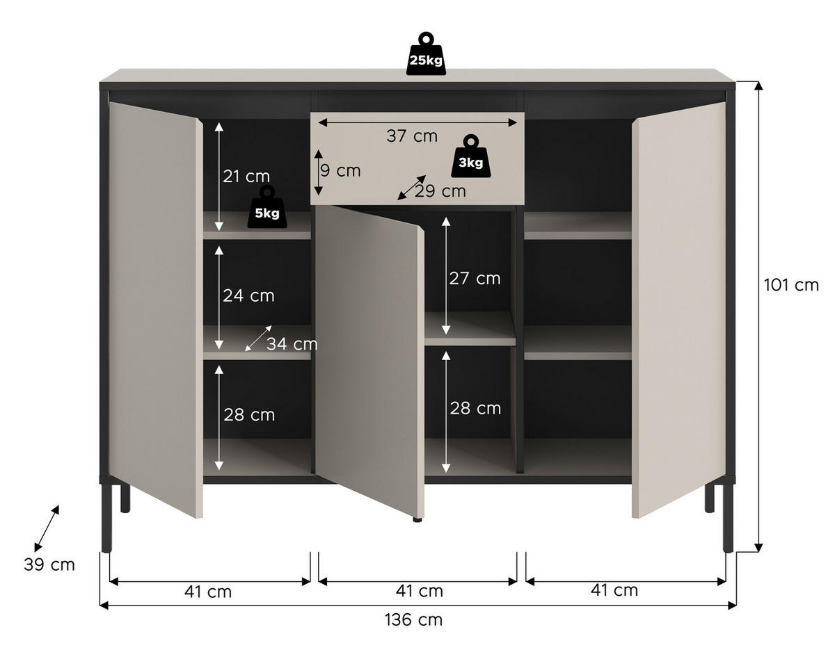 KOMMODE TRON (B/H/T: ca. 136/101/38 cm) in Kaschmir/Kaschmir - Kaschmir, Holzwerkstoff (136/101/38cm)