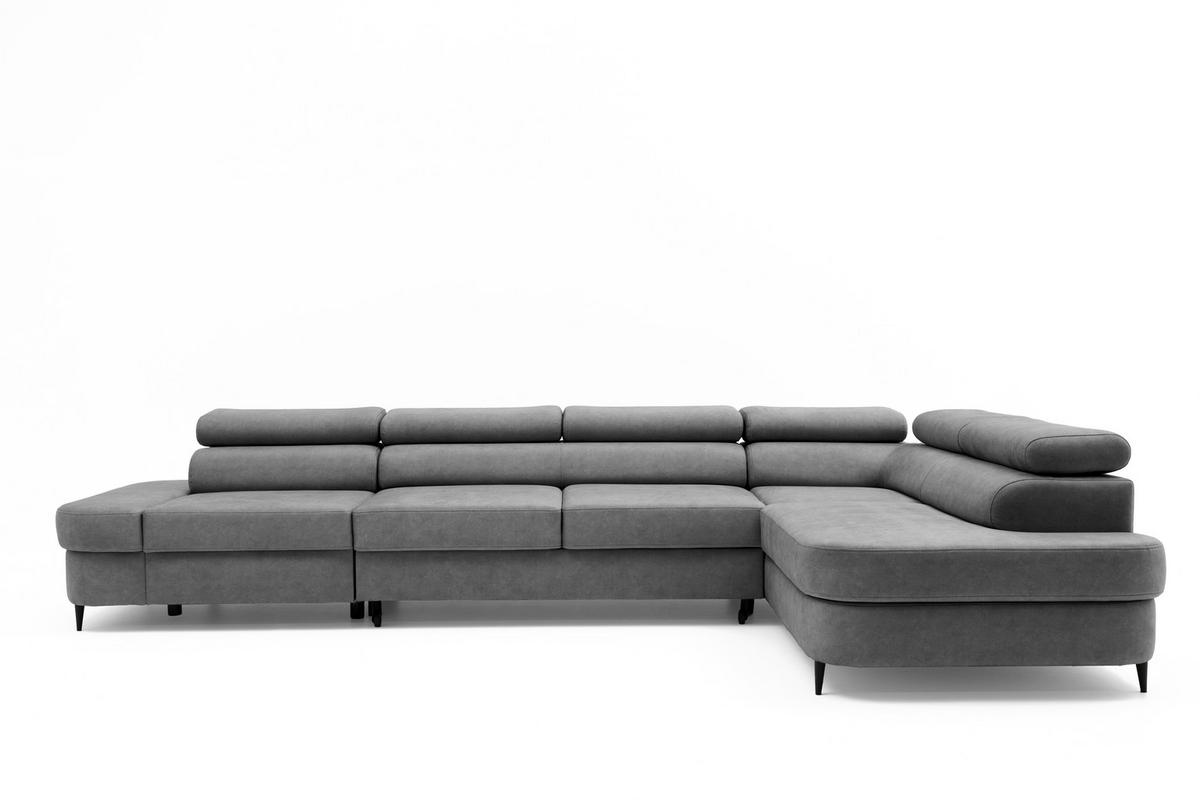 ECKSOFA PRIAM MAXI L-Form mit Schlaffunktion & Bettkasten, 6-Sitzer, 350cm, Verstellbare Kopfstützen, Ottomane Rechts - Grau, Holz/Textil (350/203cm) - Muffo