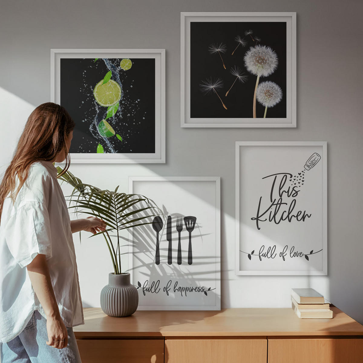 BILDER SET 4er Set - 50x50 cm & 40x60 cm Weißer Rahmen - Löwenzahn-Kalk-Kücheninschriften - Weiß, Kunststoff (50/50cm) - TULUP