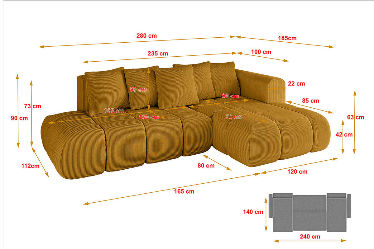 ECKSOFA Ottomane Rechts CLOUD-L-v1 280x185x90 Senfgelb Cord - Currygelb, Holzwerkstoff/Kunststoff (185/280cm) - ALTDECOR