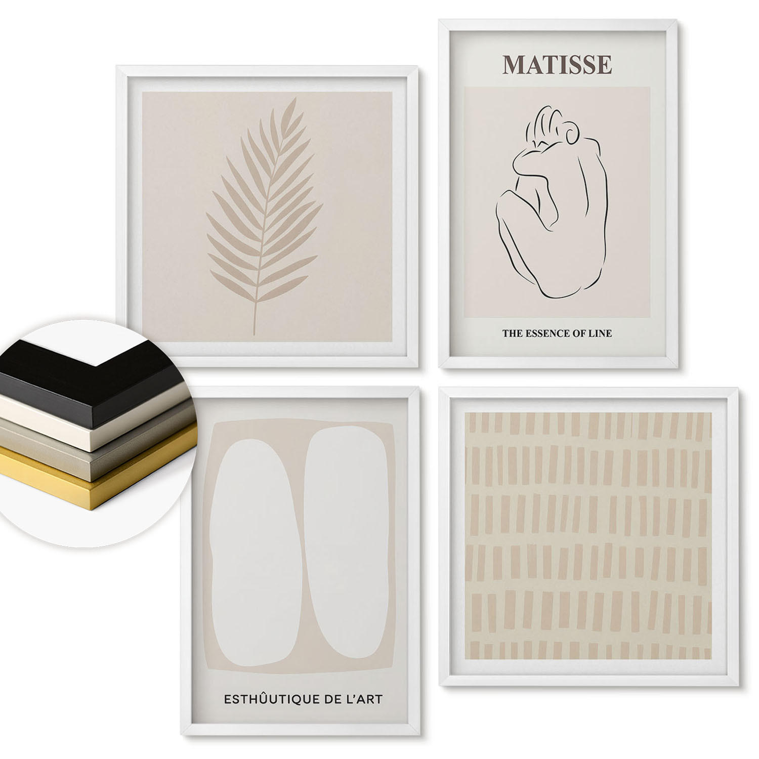 WANDBILDER 4er-Set - 50x50 cm & 40x60 cm Weißer Rahmen - Linien, Formen, Beige, Weiß - Weiß, Kunststoff (50/50cm) - ArtPrintCave