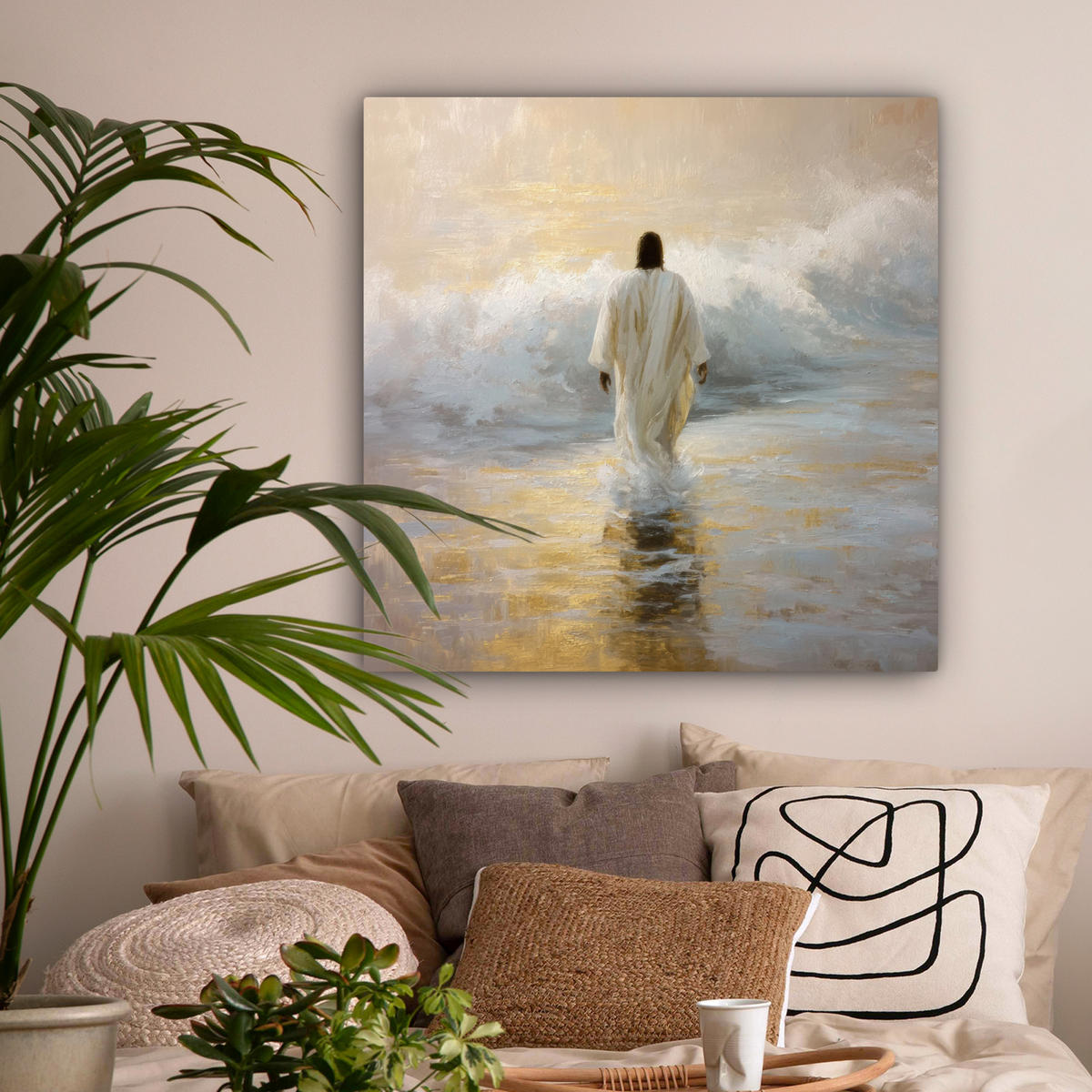 LEINWANDBILD Gemälde - Welle - Jesus - Abstrakt Deko Groß 90x90 cm - Goldfarben, Textil (90/90cm) - MuchoWow