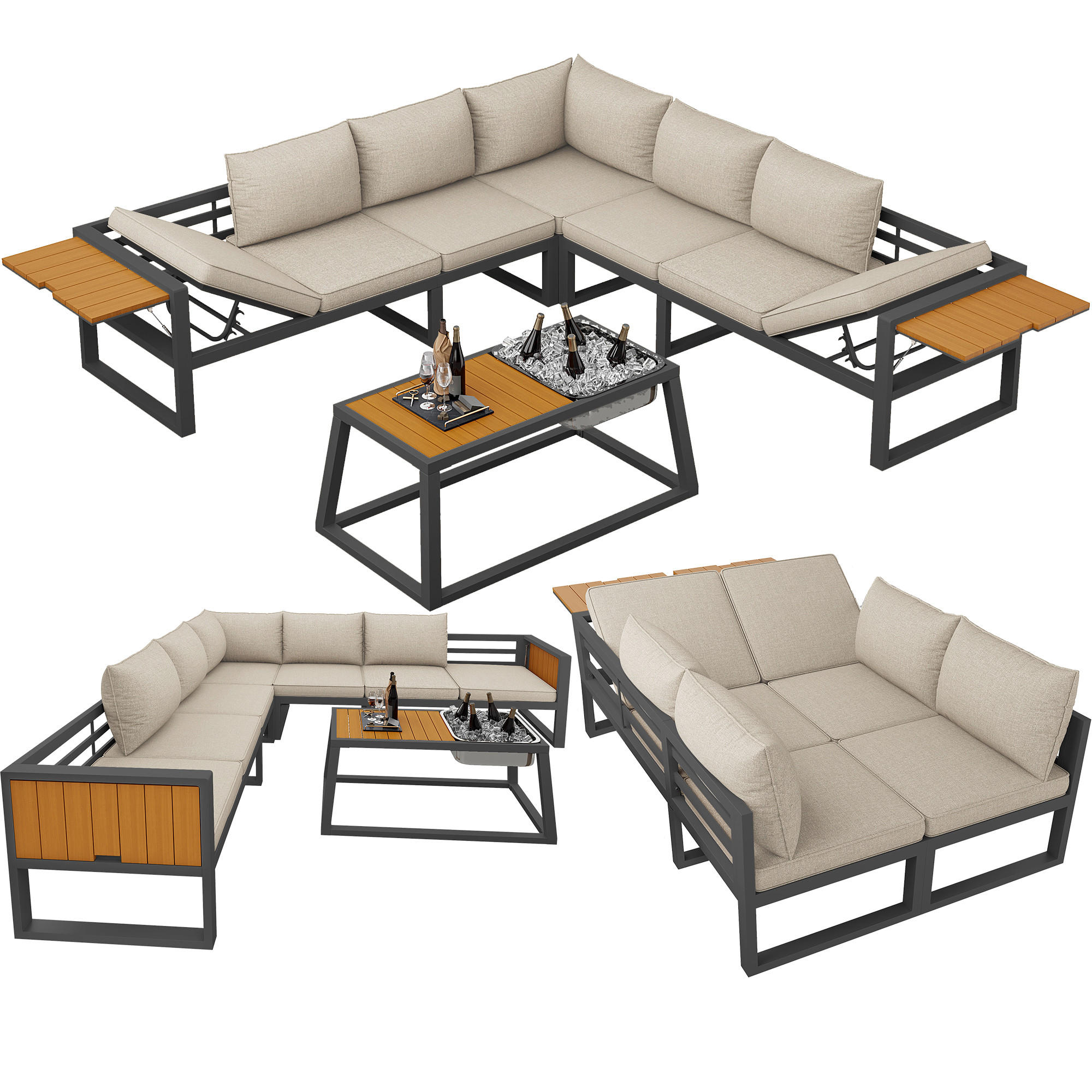 GARTENLOUNGE Grau Beige modular verstellbar Metall Eisbehälter Kissen - Beige, Metall - FLIEKS