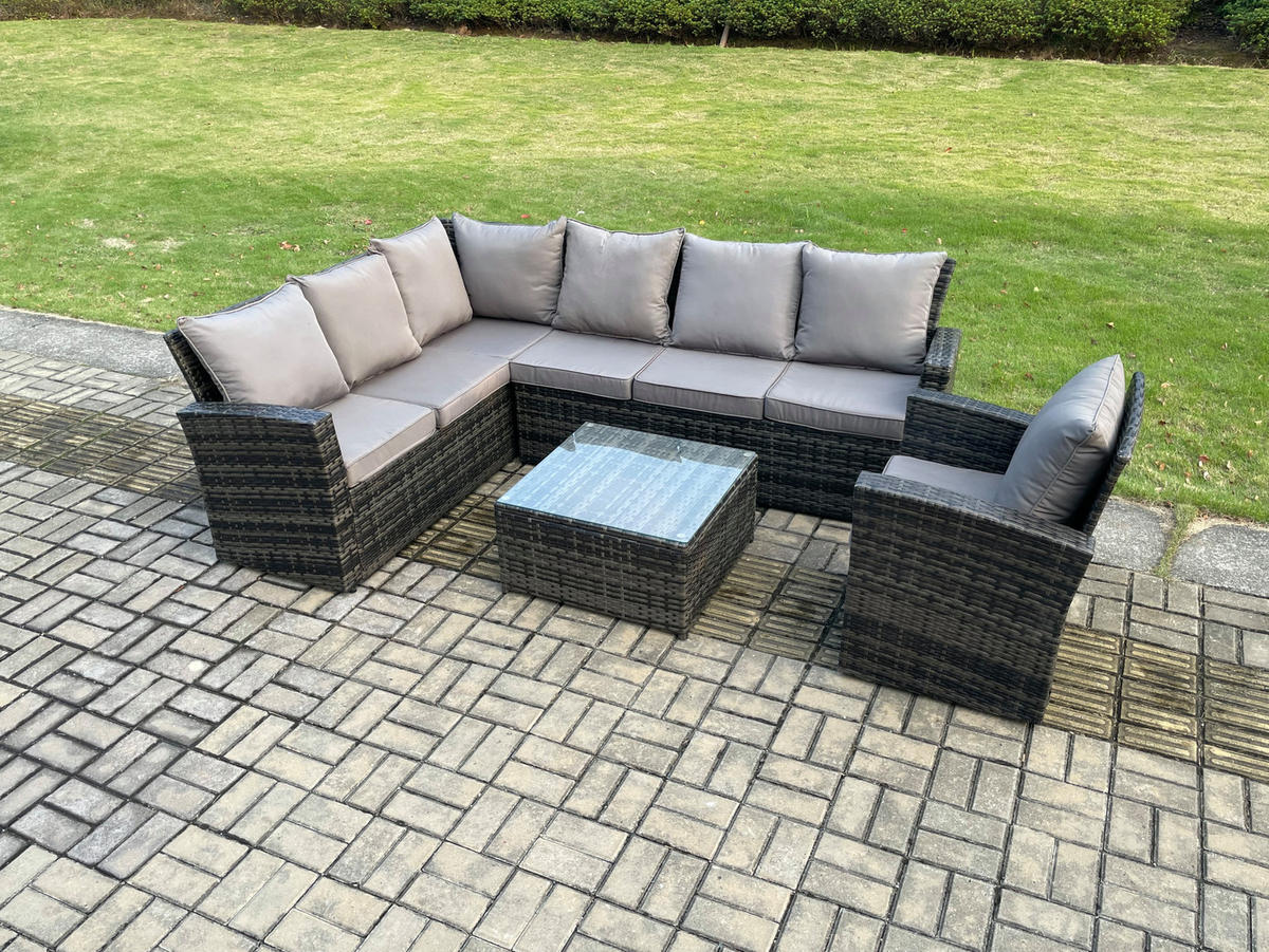 GARTENLOUNGE mit Ecksofa Polyrattan Dunkelgrau 7-Sitzer - Dunkelgrau/Grau, Glas/Kunststoff - Fimous