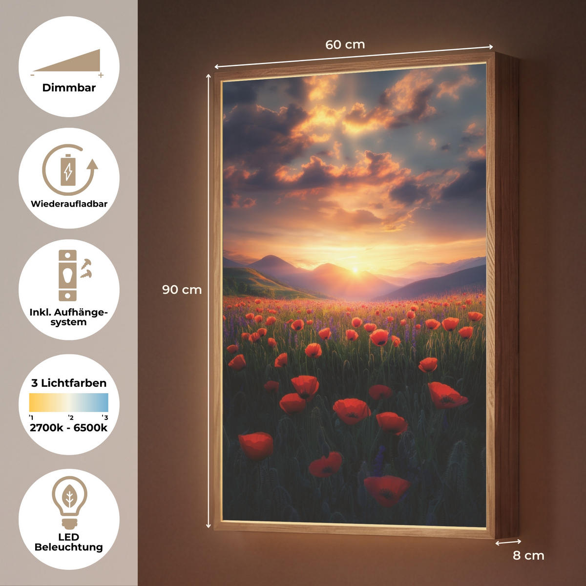WANDLEUCHTE MIT AKKU Landschaft - Sonnenuntergang - Blumenfeld 60x90 cm - Rot, Holzwerkstoff (60/90/8cm) - OnlyWow